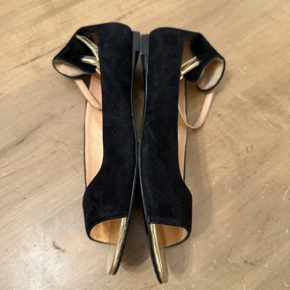 Robert Clergerie Black Suede Flats with Gold Toe Cap